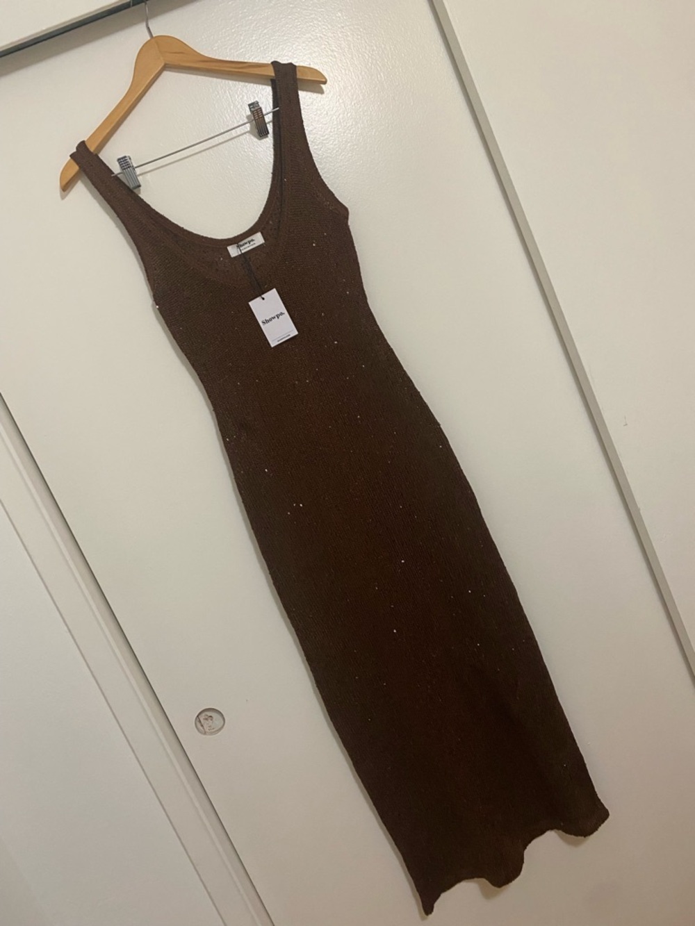 Showpo Jenna Maxi Dress Scoop Neck Sleeveless Sequin Knit Dress In Chocolate - Picture 8 of 12